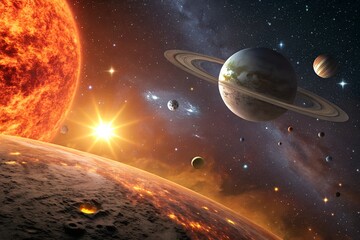 Panoramic View from the Sun: Vibrant Universe with Solar Flares and Deep Space Background