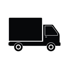 Fototapeta premium Bold black silhouette icon of a cartoon truck and trailer for cargo delivery and logistics, perfect for shipping and transport design themes.