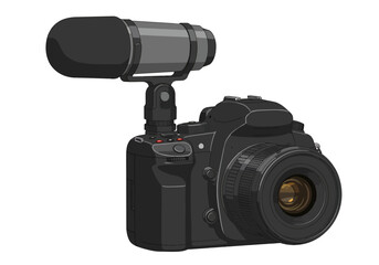 A dark gray camera with a microphone attached to the top