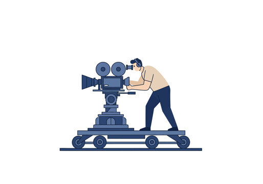 A cameraman with headphones filming with a vintage camera on a dolly