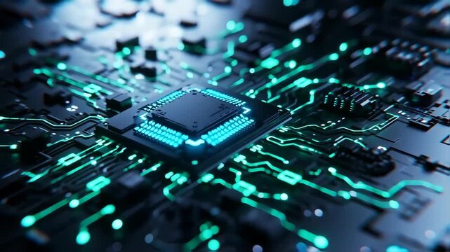 Closeup of a Microprocessor with Glowing Circuitry in a High-Tech Environment