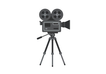 Obraz premium A gray vintage movie camera stands on a tripod against a white background