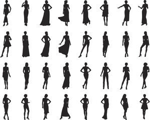 Fashion women silhouettes, elegant female figures in dresses and gowns, stylish model poses, beauty, modern collection, vector illustration set