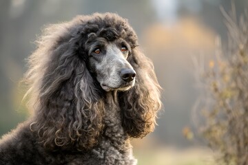 Senior Gray Poodle Close-Up Portrait in Autumnal Outdoor Setting – Natural Dog Photography