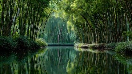 Serene bamboo forest reflected in a still pond