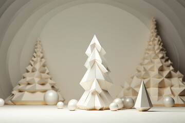 A unique Christmas tree design with an intricate geometry and abstract feel, decorated with simple white balls. This image is perfect for a modern holiday card