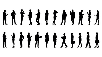 Silhouettes of business professionals in communication, walking, standing, working with laptops, corporate teamwork, office interaction, formal business attire
