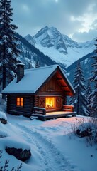 Naklejka premium Cozy cabin nestled in snowy mountains, fireplace glowing warmly, chalet, serenity, cozy