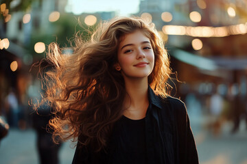 Photo beautiful brown haired girl, hair fluttering beautifully in the wind, thick brown red hair