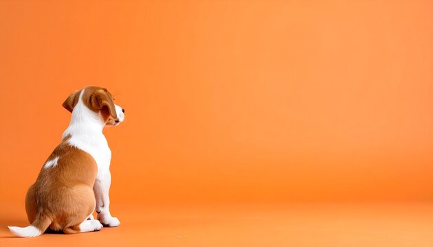 可愛い子犬の後ろ姿のポートレート　オレンジ色の背景	