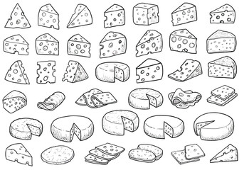 Assortment of cheese types isolated on white background a detailed illustration showcasing various cheeses, from cheddar to brie, in a monochrome sketch