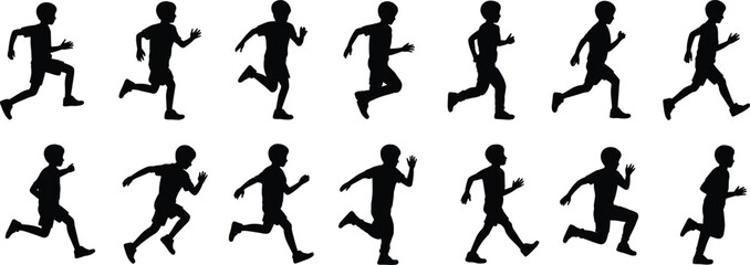Running boy silhouette, motion sequence vector, athletic child illustration, dynamic movement pose, sports energy graphic, fitness action design, exercise 