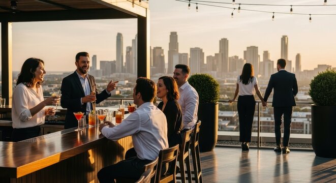 A diverse group of friends enjoying cocktails and conversation at a chic rooftop bar during a stunning sunset, with a panoramic city skyline in the background.