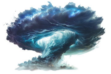 Explosive blue and white smoke cloud isolated on transparent background. The supercell storm forms a powerful isolated on white background