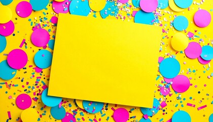 Realistic HD abstract background for digital sales and e-commerce, bright energetic colors like yellow, magenta, and cyan, dynamic shapes and confetti-style textures, neutral zone for offers or text, 