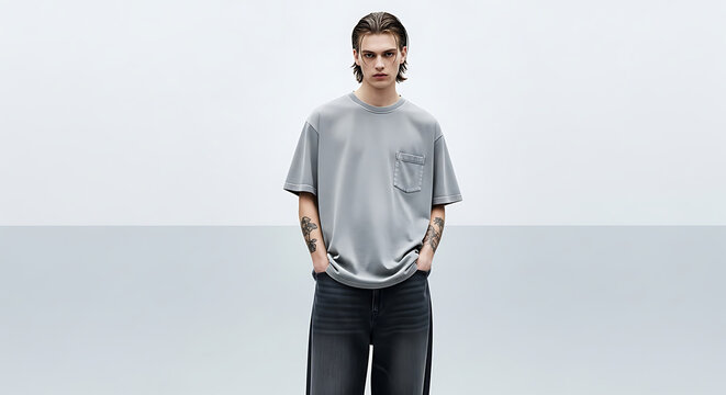 A young man models a simple, grey oversized t-shirt and dark jeans against a plain white backdrop.