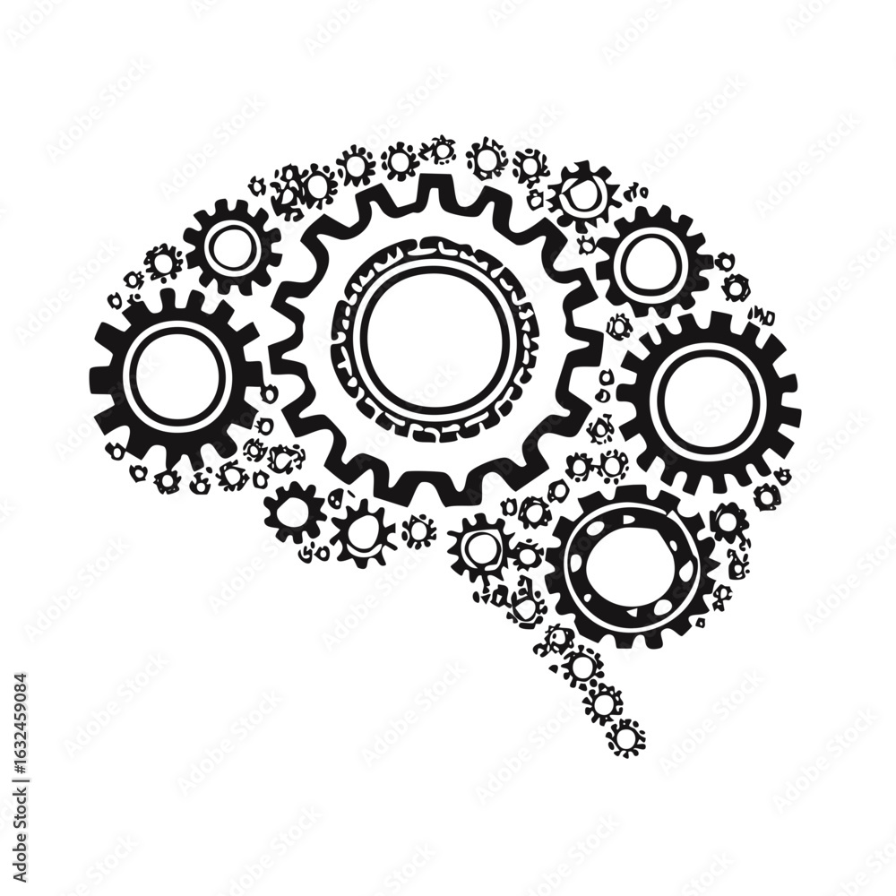 Poster Brain shape made of interlocking gears symbolizing mechanical thought and interconnected ideas