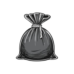 Engraved Illustration of Tied Trash Bag with Rope for Waste and Rubbish