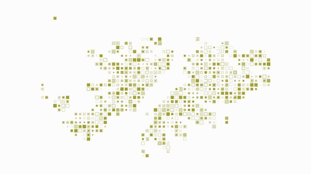Falkland Islands map animation. Shape of the country with pulsating colored dots. Small size square blocks. Digital style Falkland Islands map on white background. Abstract video.
