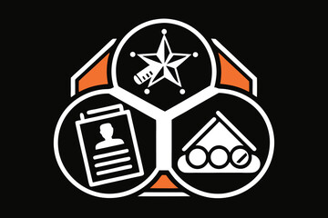 Set of high quality icons Geometric Design with Icons of a Sheriff Star, Document, and Pool Balls on Black badge order