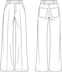 PrintWide leg pants flat sketch, technical fashion drawing, front and back view, women’s pleated trousers, apparel design template illustration
