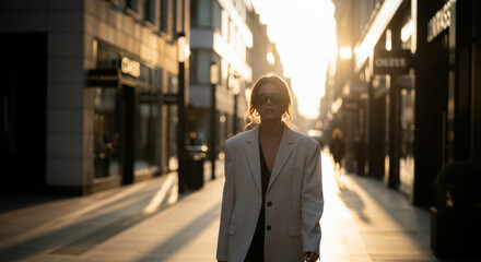 A stylish businesswoman in a white blazer and sunglasses walks confidently down a sunlit city street at sunset. The golden hour light creates a dramatic, fashionable, and professional atmosphere.