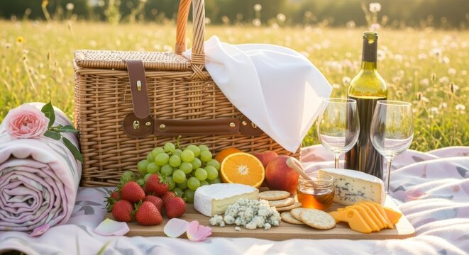 A beautiful, romantic picnic setup in a sunlit field with a wicker basket, wine, and a cheese board. The image evokes feelings of relaxation, summer, and outdoor dining.