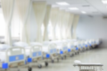 Blurred background of an empty hospital ward with a row of beds