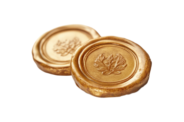 Two golden wax seals with floral emblem isolated on transparent background. Three elegant golden wax seals ideal for vintage documents isolated on white background.