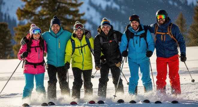 A happy group of diverse friends in colorful gear enjoying a winter ski adventure in the snowy mountains. - Powered by Adobe