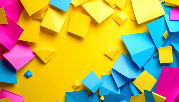 Realistic HD abstract background for digital sales and e-commerce, bright energetic colors like yellow, magenta, and cyan, dynamic shapes and confetti-style textures, neutral zone for offers or text, 