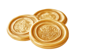 Three golden wax seals with embossed design isolated on transparent background. Three elegant golden wax seals ideal for vintage documents isolated on white background.