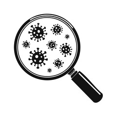 Magnifying glass examining virus or bacteria cells black and white vector icon