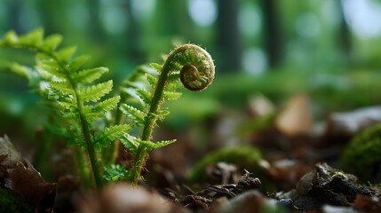 Wild fern unfurling in a lush forest