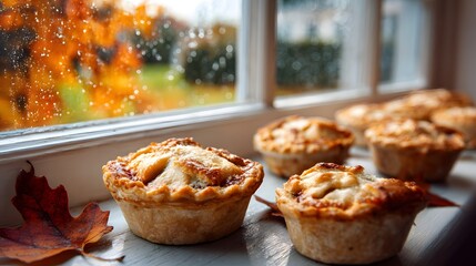 Delicious mini pies sit on a windowsill with autumn leaves and raindrops in the background.