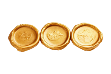 Three golden wax seals with embossed crests isolated on transparent background. Three elegant golden wax seals ideal for vintage documents isolated on white background.