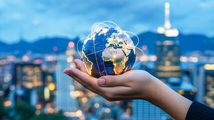A digital composite image of a hand holding a glowing Earth globe against a nighttime cityscape backdrop.