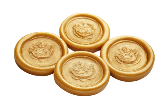 Four antique wax seals with crests isolated on transparent background. Four elegant golden wax seals ideal for vintage documents isolated on white background.