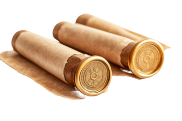 Antique wax seals with intricate patterns isolated on transparent background. Three elegant golden wax seals ideal for vintage isolated on white background.