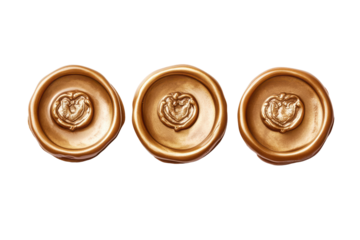 Three golden oval wax seals with embossed crest isolated on transparent background. Three elegant golden wax seals ideal for vintage documents isolated on white background.