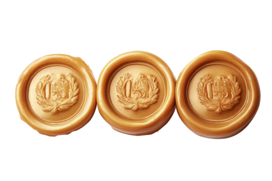 Three golden oval wax seals with embossed crest isolated on transparent background. Three elegant golden wax seals ideal for vintage documents isolated on white background.