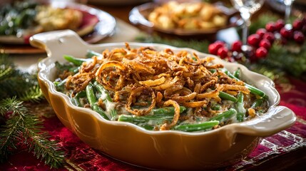 Delicious green bean casserole topped with crispy fried onions, a festive holiday meal.