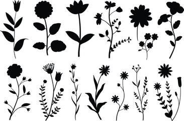 Beautiful set of black flower silhouettes with detailed stems and leaves, ideal for botanical, garden, nature, and floral design projects