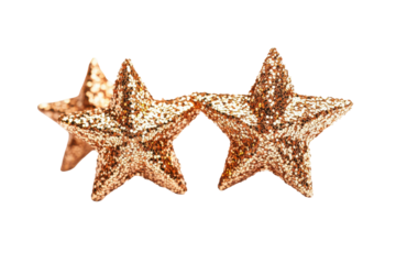 Three textured golden starfish isolated on transparent background. Three glittering gold stars isolated on white background.