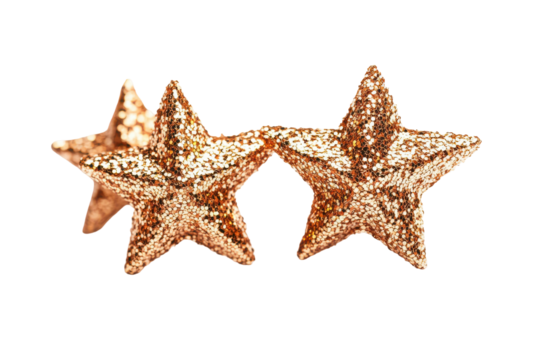 Three textured golden starfish isolated on transparent background. Three glittering gold stars isolated on white background.
