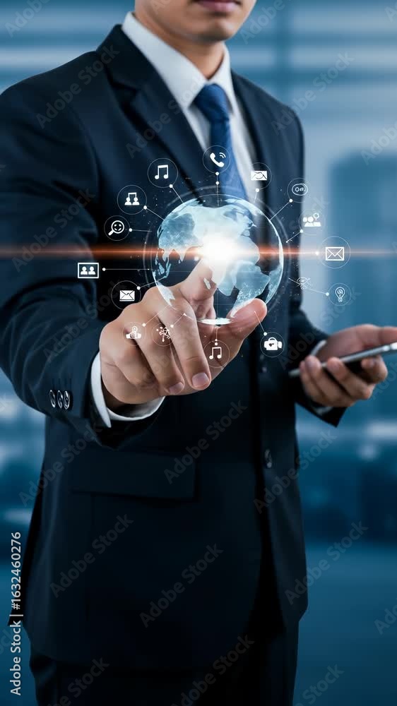 Poster digital transformation: businessman leveraging global networking through futuristic technology for i