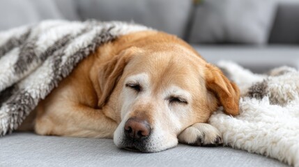 Yellow Labrador peacefully sleeps on a gray couch, wrapped in a soft animal-patterned blanket, enjoying a moment of tranquility