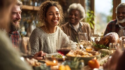 A happy family shares laughter and a Thanksgiving feast together at home.