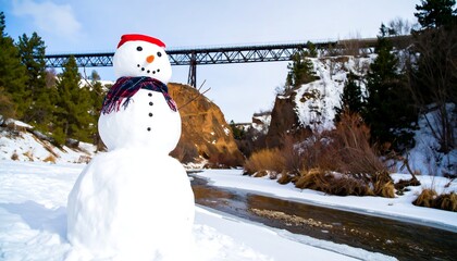 Obraz premium Cheerful Snowman with Red Hat and Plaid Scarf by a Frozen River