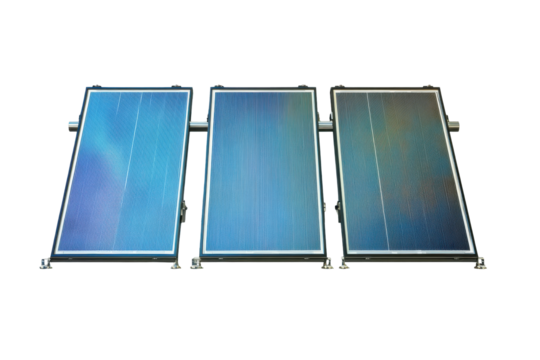 Three small solar panels arranged in a row isolated on transparent background. Three solar panels in a row reflecting sunlight isolated on white background.